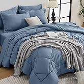 HEVUMYI Dusty Blue Queen Comforter Set - 7-Piece All Season Bed in a Bag Queen, Ultra Soft Bedding Set with Comforter, Flat Sheet, Fitted Sheet, Pillowcases, Pillow Shams