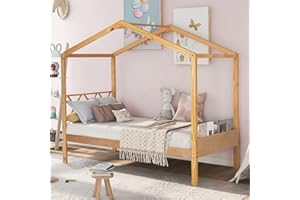 Harper & Bright Designs Twin Size House Bed for Kids, Twin Bed Frame with Headboard and Storage Space, Wooden Twin Bed for Girls, Boys,No Box Spring Needed,Natural