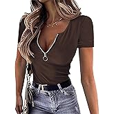 OwnTime Womens Summer Tops Short Sleeve Shirts Sexy V Neck Slim Fit Zip Up Tops Ribbed Knit Henley Shirts Blouses