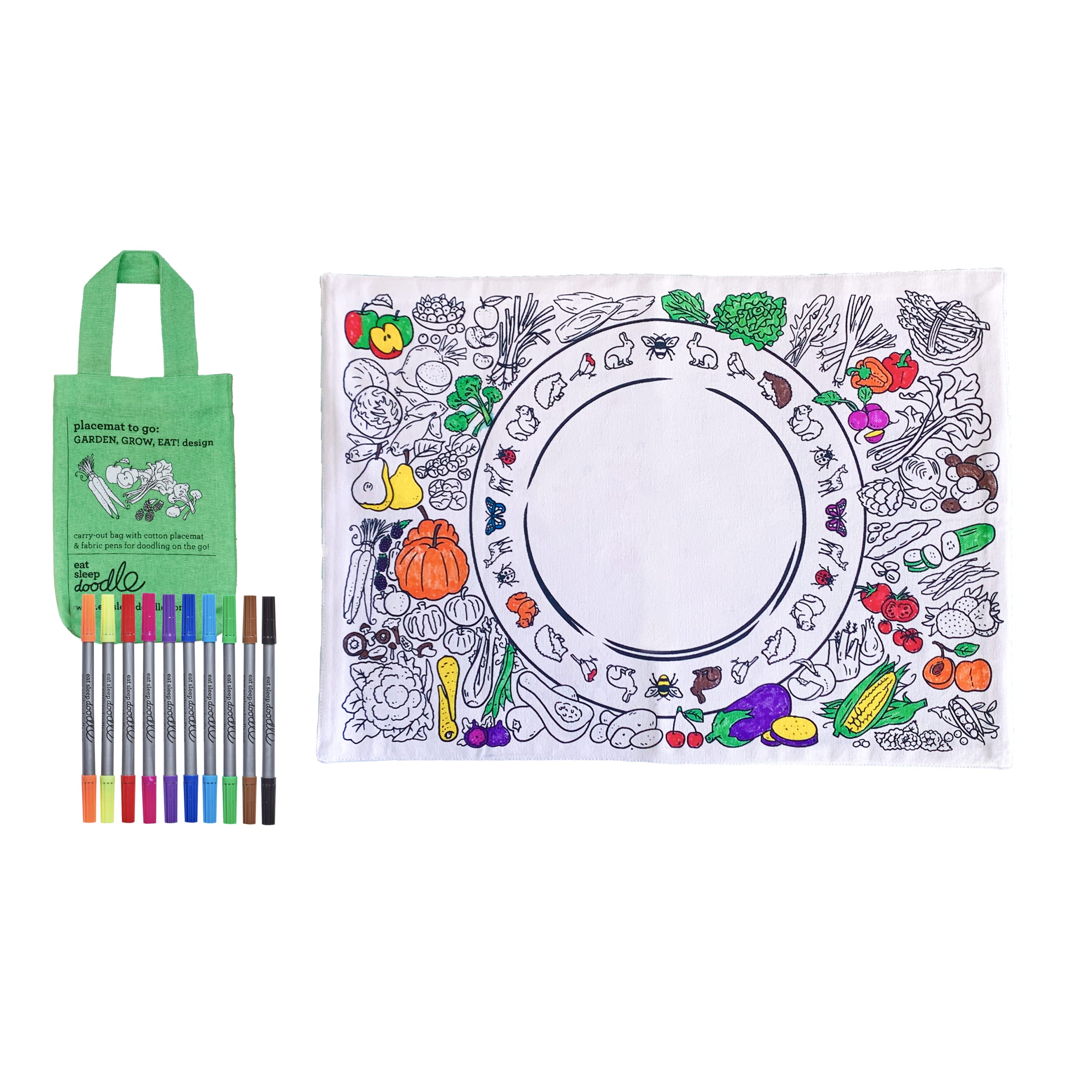 eatsleepdoodle Fruit and Vegetable Colouring Placemat in its own Cotton Bag to Colour-in Features a Fun, Educational Colouring Placemat, Washable Felt tip Fabric Pens Included — image 1