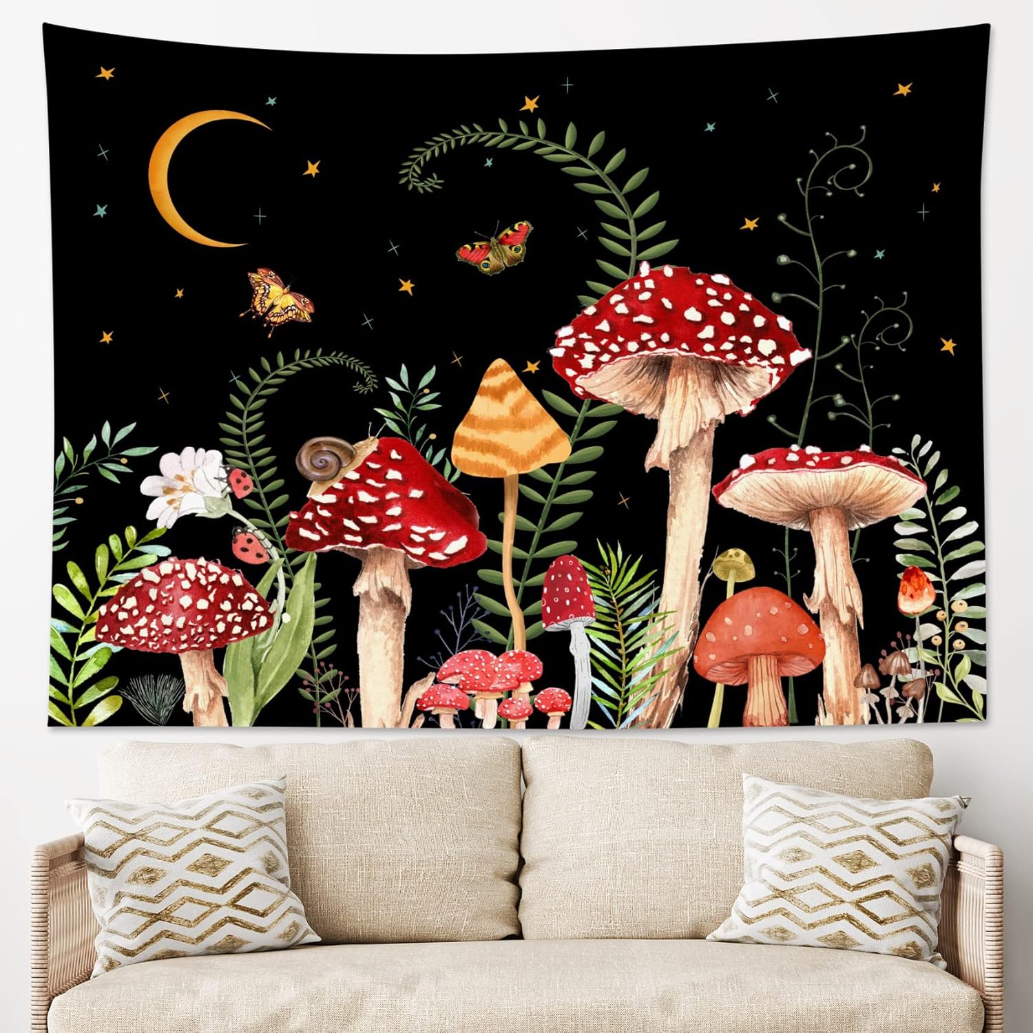 Tapestries - LB Mushroom Tapestry Colorful Butterfly Tapestry Wall Hanging Moon and Star Black Wall Tapestry for Bedroom Aesthetic Green Plant Botanical Tapestry for Living Room College Dorm Decor, 60Wx40H inch