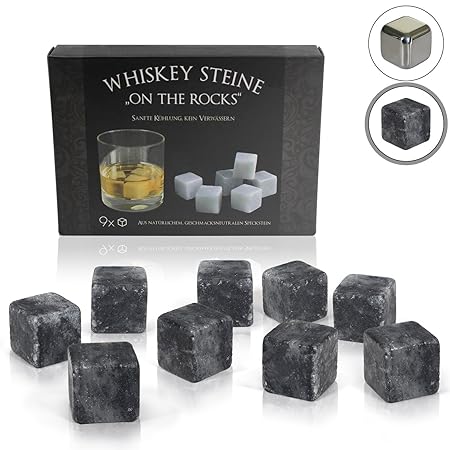 Amazy Whisky Steine (9 Stück) inkl. Samtbeutel – Wiederverwendbare Eiswürfel aus natürlichem, geschmacksneutralem Speckstein 