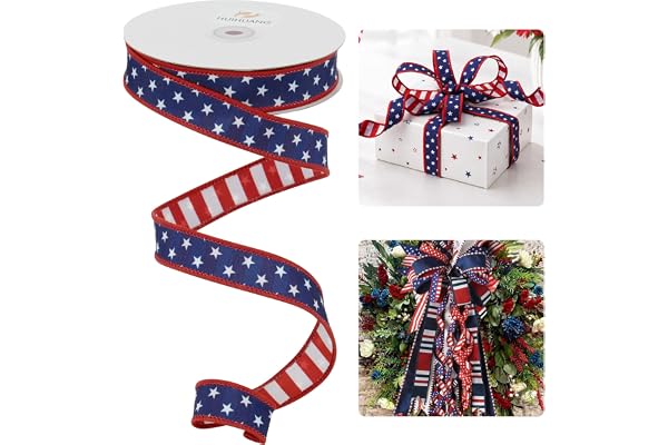 HUIHUANG Stars and Stripes Reversible Dupioni Wired Ribbon 1 inch Patriotic Wire Edge Ribbon for 4th of July Memorial Day Home Decor Bows Making DIY Crafts - Continuous 10 Yards