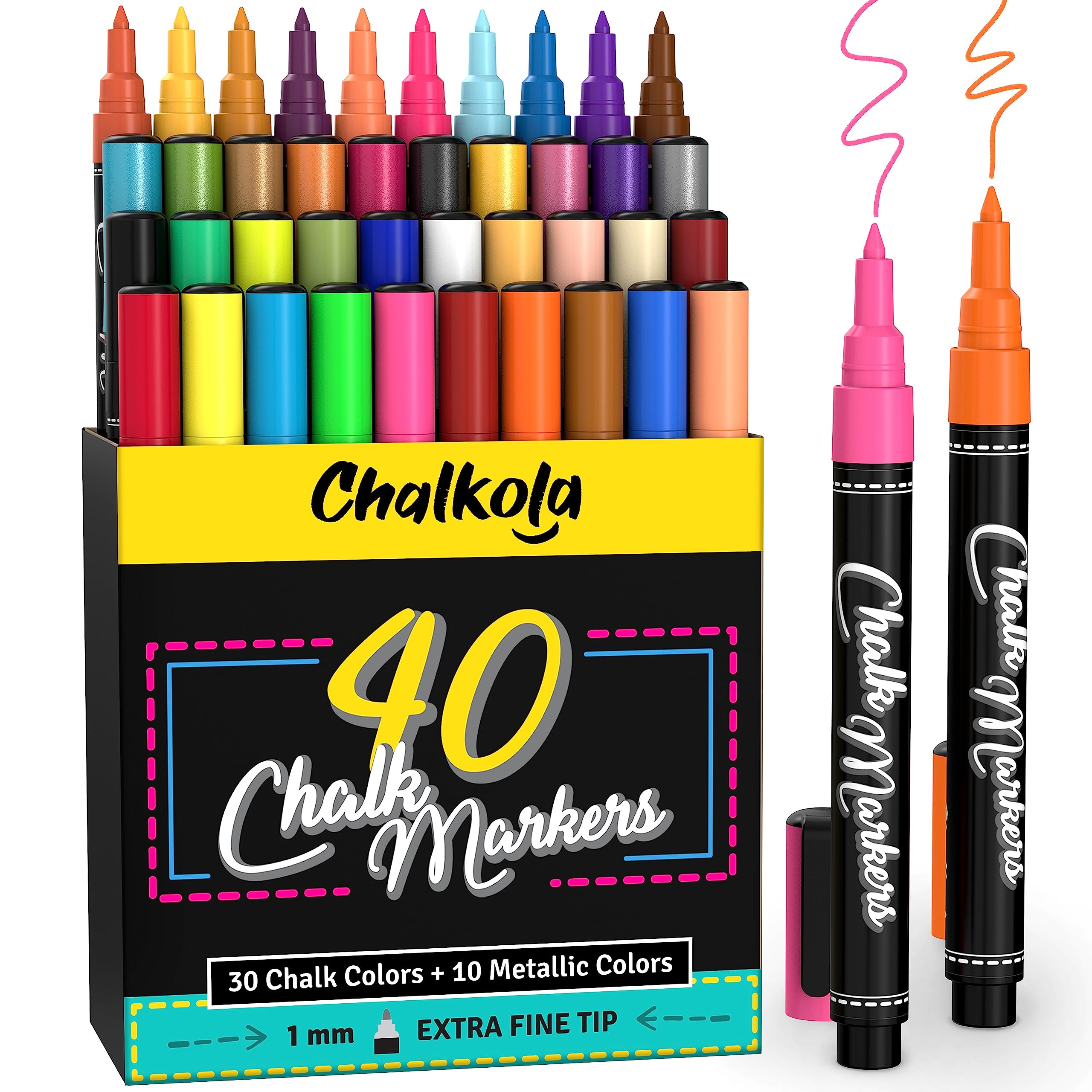 Chalkola Chalk Pens - Pack of 40 (Neon, Classic & Metallic) Chalk Pens - For Chalkboard, Blackboard, Window, Labels, Bistro, Glass - Wet Wipe Erasable - 1mm Extra Fine Tip
