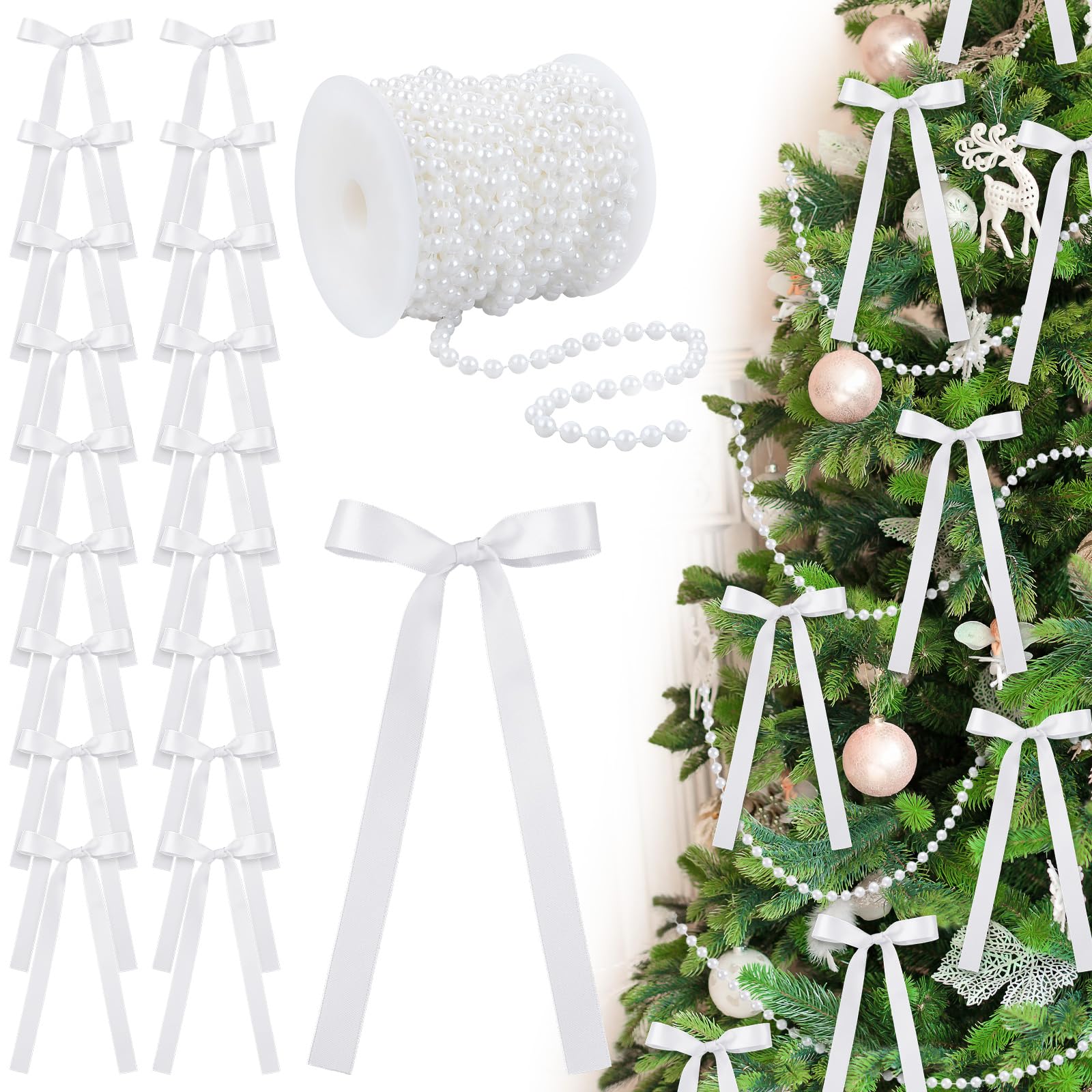 Photo 1 of Jutom 24 Pcs Valentines Tree Bows Decoration Valentines White Satin Bows Ornaments with Faux Pearl Beads for Tree Galentines Wedding Anniversary Coquette Birthday Party Holiday Decor, 3.94x7.87inch
