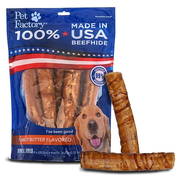 PET FACTORY 100% MADE IN USA BEEFHIDE 8″ ROLLS DOG CHEW TREATS – PEANUT BUTTER FLAVOR, 10 COUNT/1 PACK
