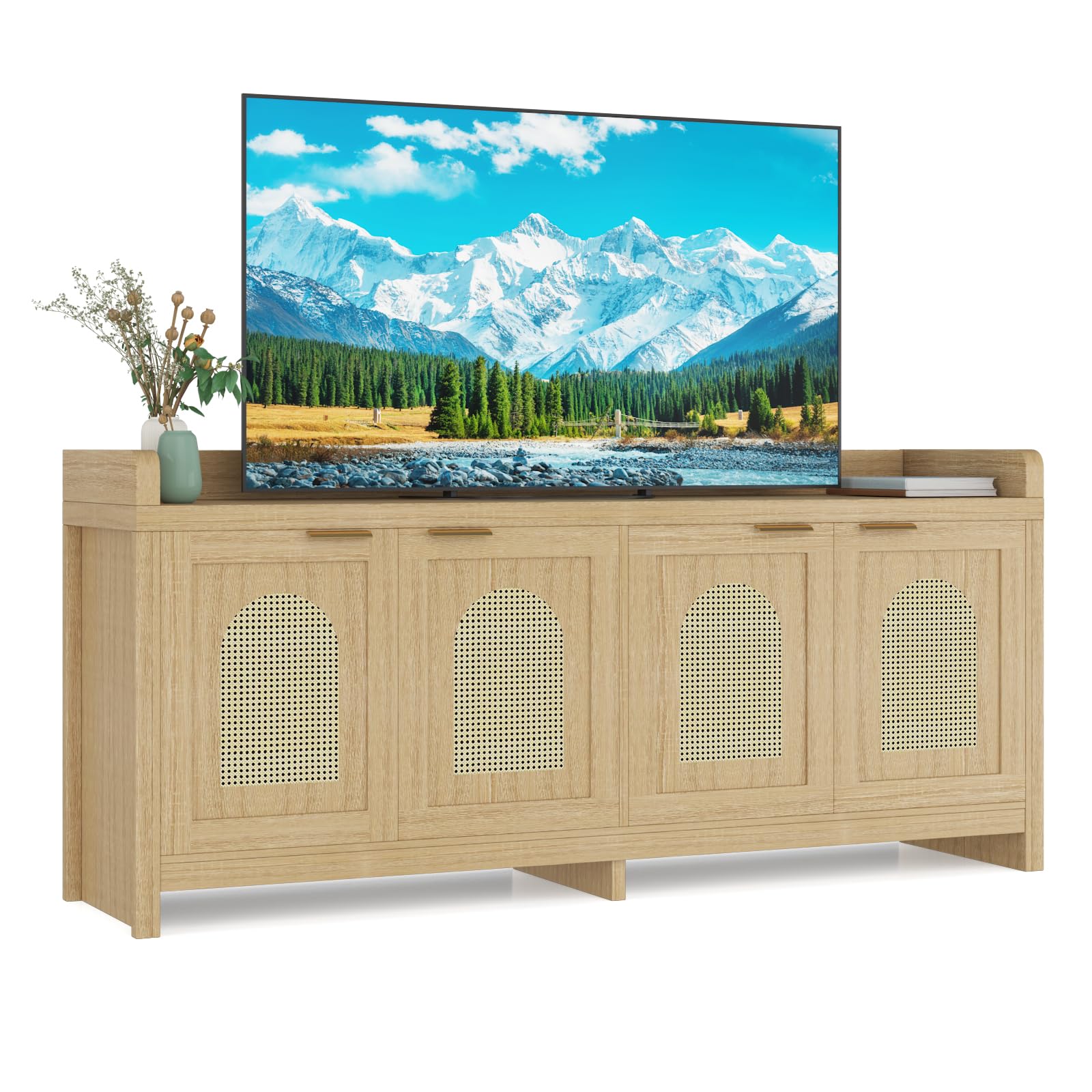 Photo 1 of ***Damaged as shown in the photo***IDEALHOUSE Natural Rattan TV Stand for 65 Inch TV, Modern Entertainment Center with Glass Doors & Storage Cabinet, 61.5 Inch Console Table for Living Room