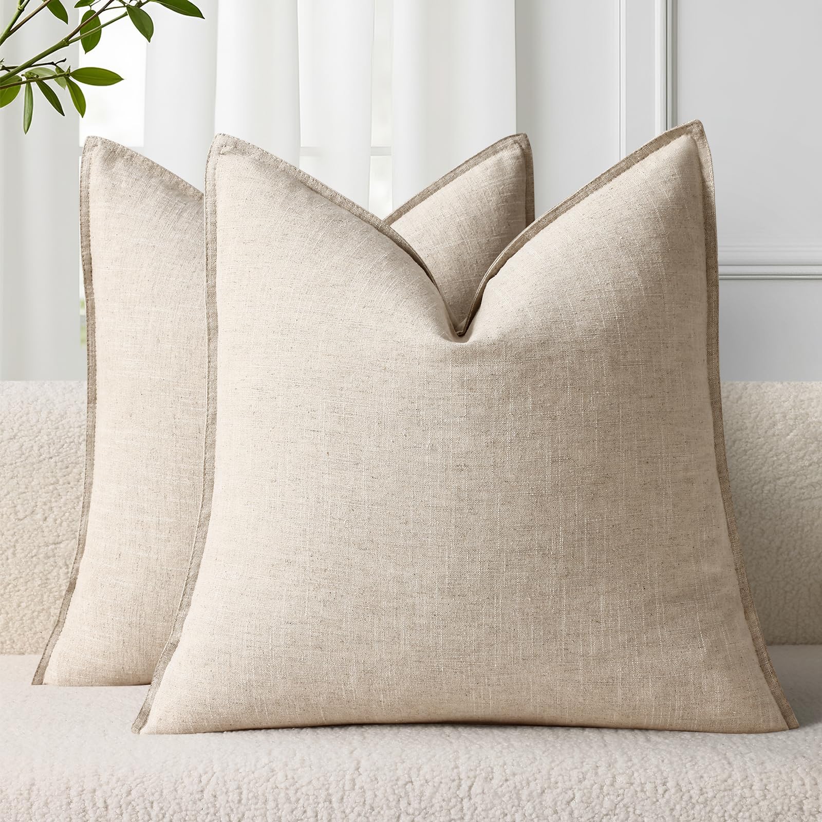 decorUhome Summer Decorative Linen Throw Pillow Covers 18x18 Inch Set of 2 Natural Beige Pillow Covers with Flange Edges Soft Farmhouse Boho Accent Pillow Cases for Couch Bed Living Room