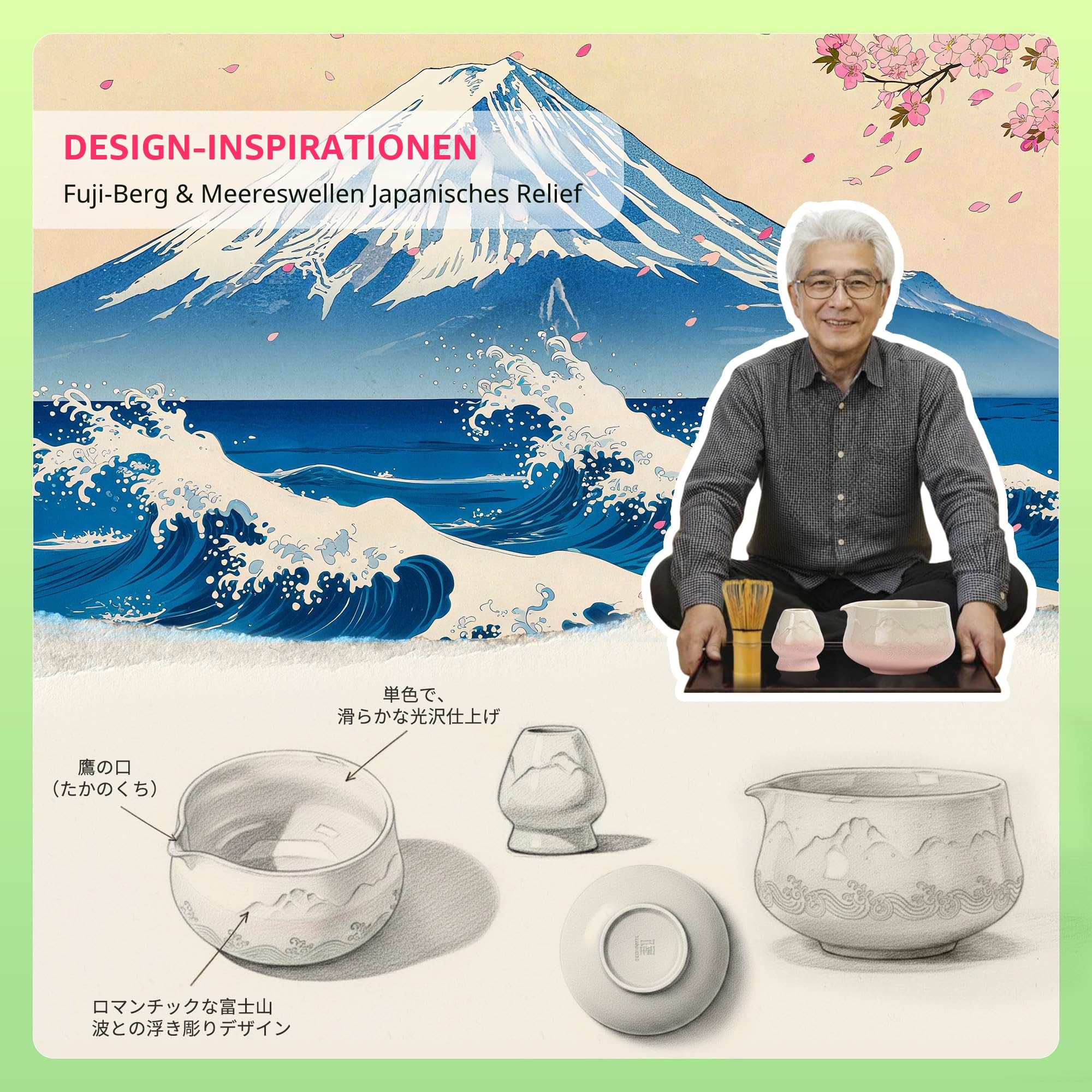 TEANAGOO 7 Stück Matcha Set, Matcha Besen, Matcha Schale mit Ausgießer, Matcha Set Rosa, Matcha Tee Set für die Zubereitung von Milchkaffee, Matcha Schneebesen Set und Schüssel mit löffel & Sieb 2