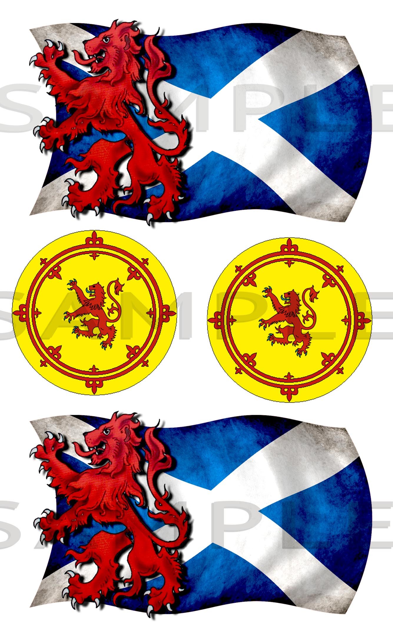2 x Saltire with Rampant Lion 2 x round Rampant Lion