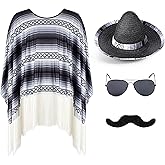 Yahenda 4 Pcs Mexican Style Costume Set for Adults Include Mexican Serape Poncho Sombrero Sunglasses Moustache