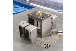 Festival Depot 5 Pieces Patio Bar Stool Set Outdoor Wicker Furniture,4 Height Bar Seater with Removable Cushions and Wooden Desktop Dining Table, Woven Rattan and Metal Frame for Deck Porch (Brown)