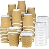NYHI 100 10 oz Ripple Kraft Paper Cups Brown Hot Cold 3 Layer Rippled Small Insulated Disposable Coffee Cups for Cappuccino Hot Cocoa or Iced Drinks