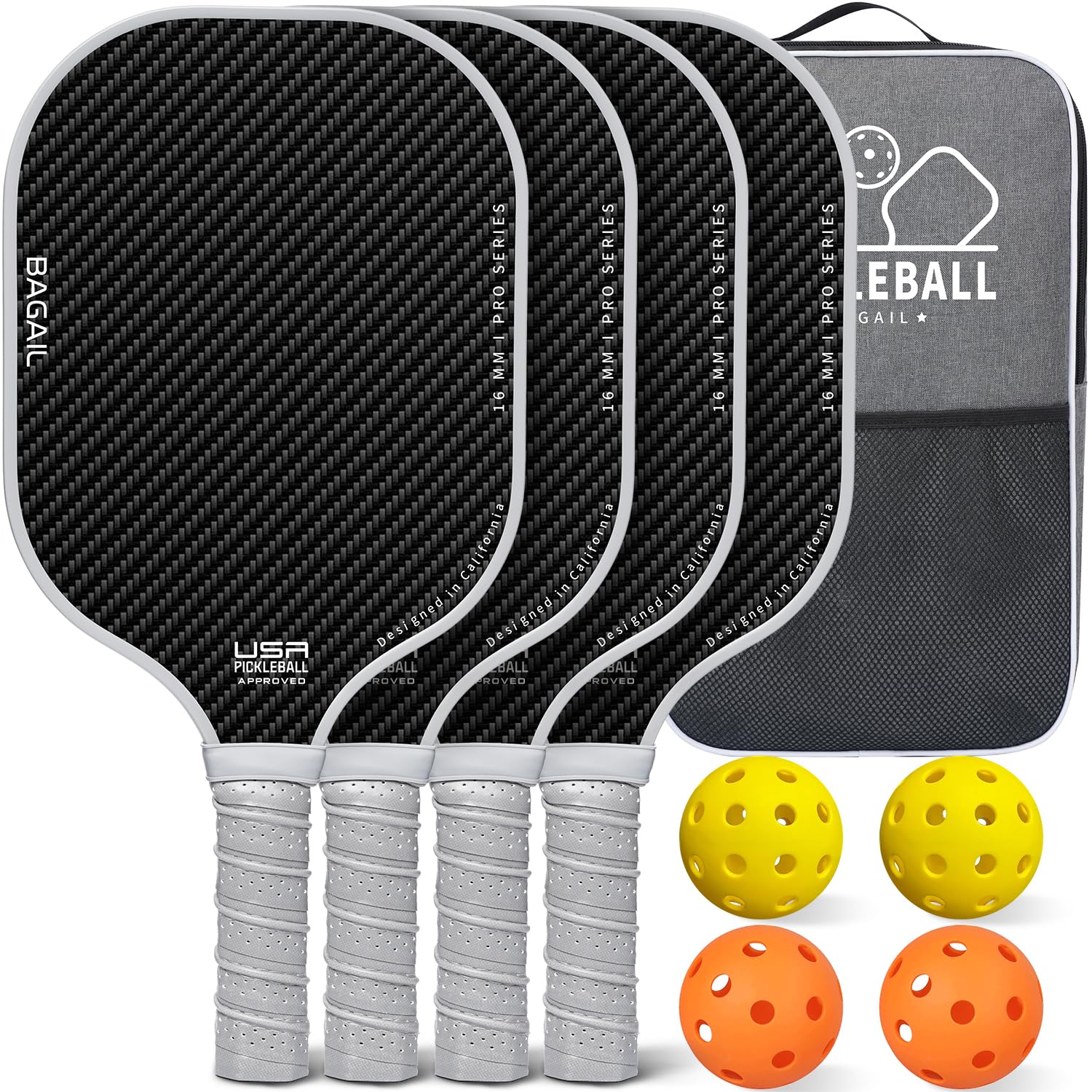 BAGAIL Pickleball Paddles, USAPA Approved Fiberglass Surface Pickleball Set, Lightweight Pickle Ball Rackets with 4 Balls, 1 Bag, Designed in California for Traction and Stability - 4 Pack, Gray Image