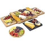 Smirly Cheese Board and Knife Set - Charcuterie Board/Organic Bamboo Cheese Platter with Accessories Drawer, 4PC Cheese Knife