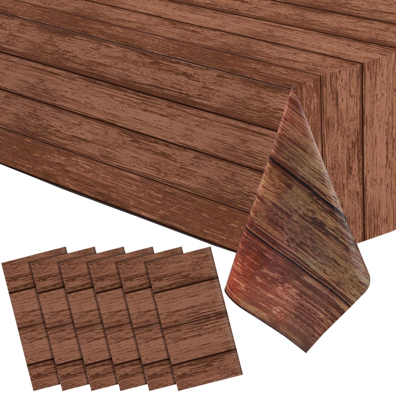 Photo 1 of 6 Pieces Wood Grain Tablecloth Western Tablecloths Rustic Plastic Table Covers Rectangular Table Decoration for Barbecue Fall Autumn Western Barn Themed Birthday Party, 54 x 108 Inch, Brown