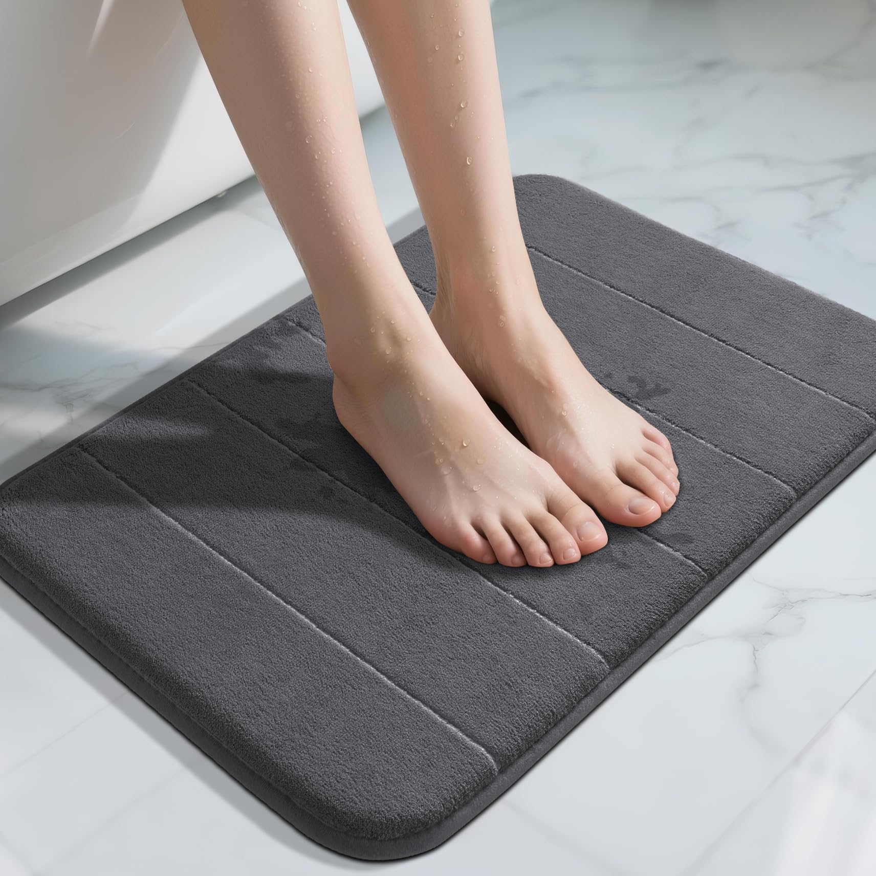 Yimobra Bath Mat 43 x 61 cm, Non Slip Memory Foam Bathroom Shower Mats, Soft and Comfortable, Super Water Absorption, Machine Wash, Easier to Dry for Bath Floor Rug, Dark Grey