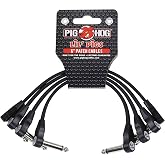 Pig Hog PHLSK6BK Lil' Pigs Low Profile Right-Angle 1/4" Black Instrument Patch Cables, 6" (4 Pack)