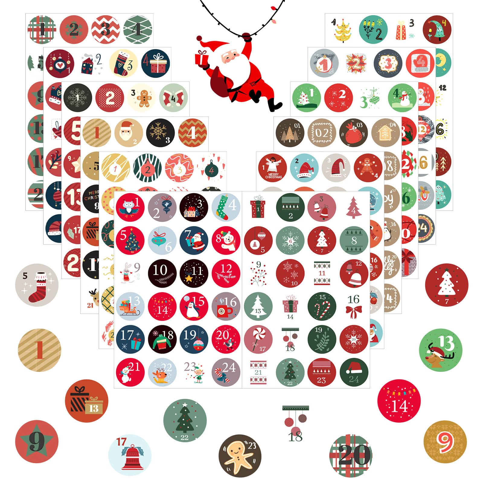 JAMSSOW 12 x 24 Christmas Advent Calendars Stickers,1-24 Christmas Number Stickers,Christmas Countdown Stickers for Christmas Party Favors DIY Crafts Baking Label Decoration,288pcs,4.5cm