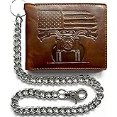 MID WEST RANGE Patriotic Biker Bifold Wallet with Chain for Men – Distressed Brown Leather, RFID-Blocking with 10 Card Slots, Flip-Out ID Holder, Embossed American Flag and Motorcycle Design
