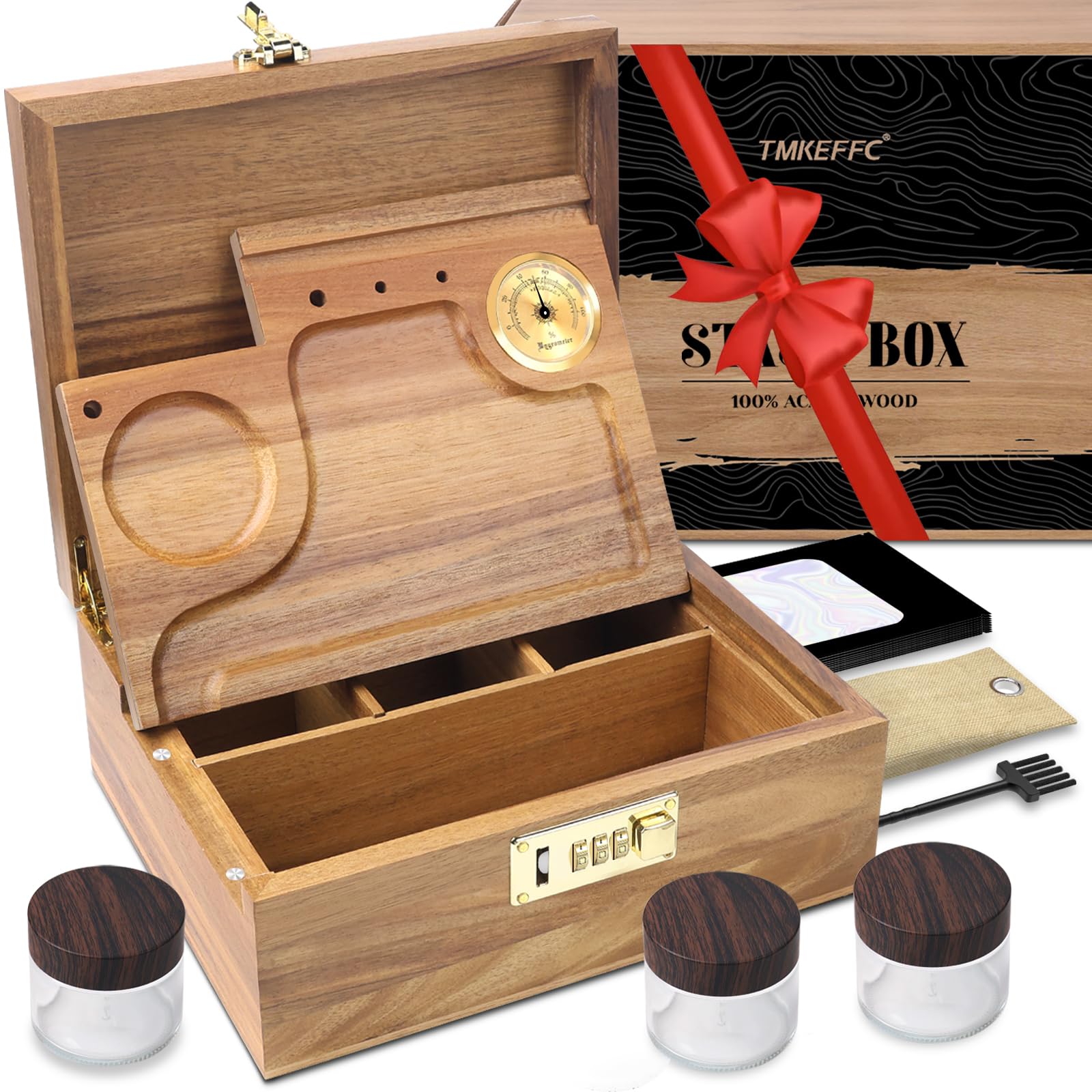 Photo 1 of **LOCK IS OFF AND DAMAGED WOOD CORNER***TMKEFFC Lockable Acacia Wood Stash Box with Rolling Tray & Hygrometer – Smell Proof Storage with 3 Glass Jars & Combination Lock, Ideal Gift for Him/Dad/Husband