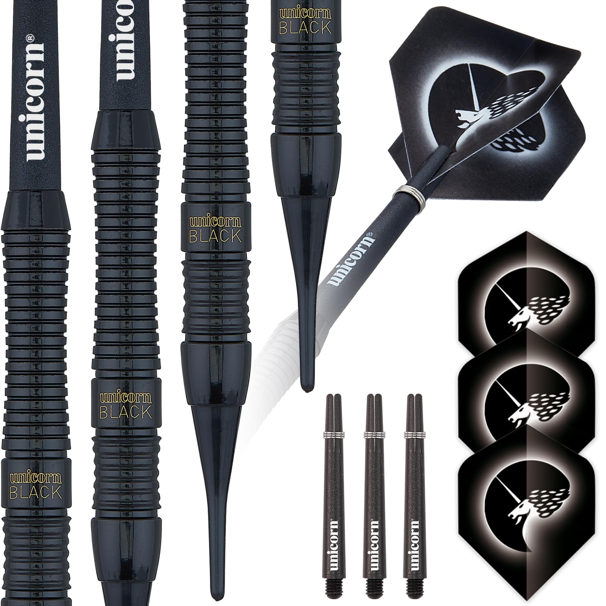 Unicorn Soft Tip Darts Set | Core Plus Black Brass Barrels| Style 1 | 16 g