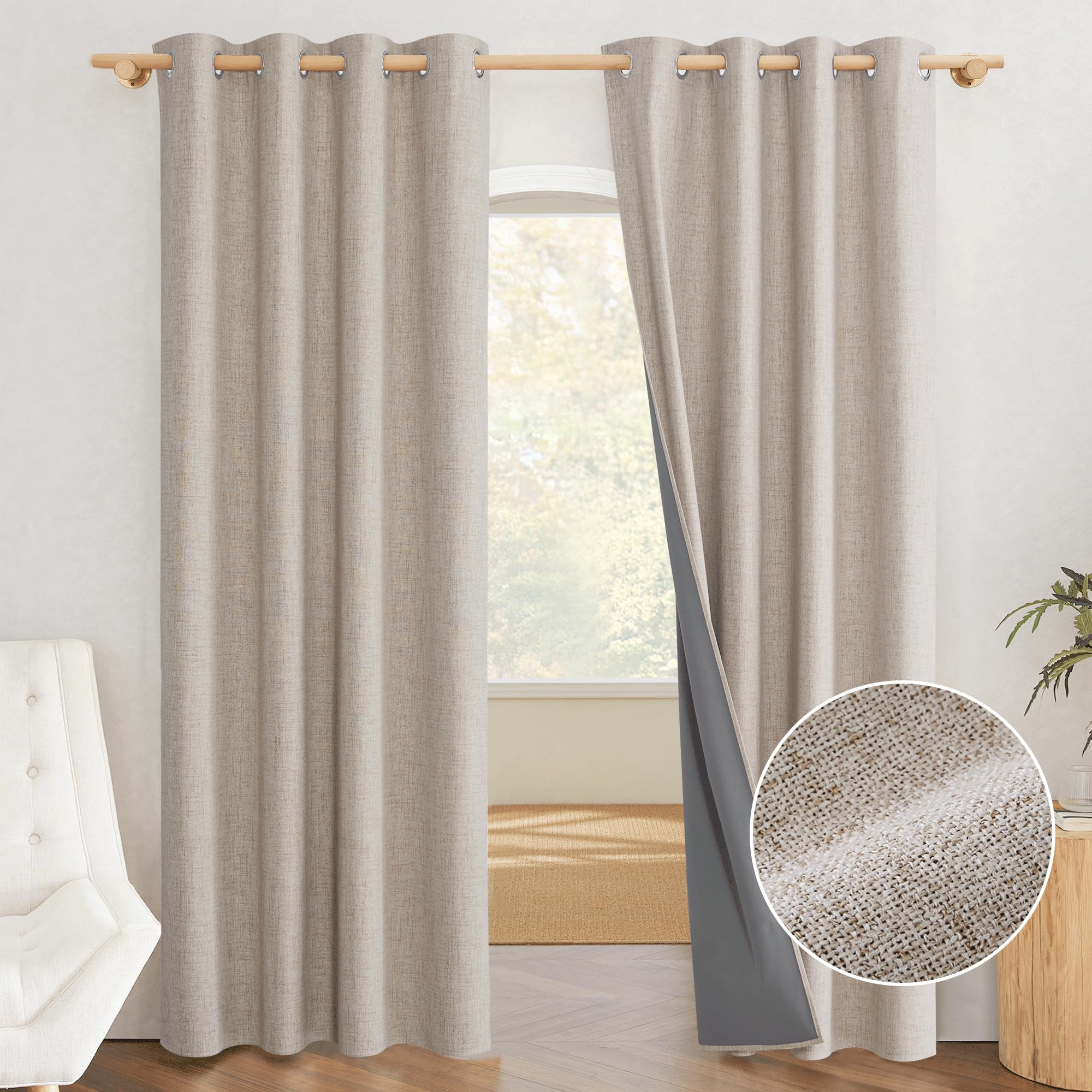 PONY DANCE 100% Blackout Curtain - Beige Linen Look Curtains Thermal Coating Curtains with Eyelet, 52 inches Wide x 84 inches Black Out Window Drapes, Energy Saving Drapes for Living Room, 2 Panels