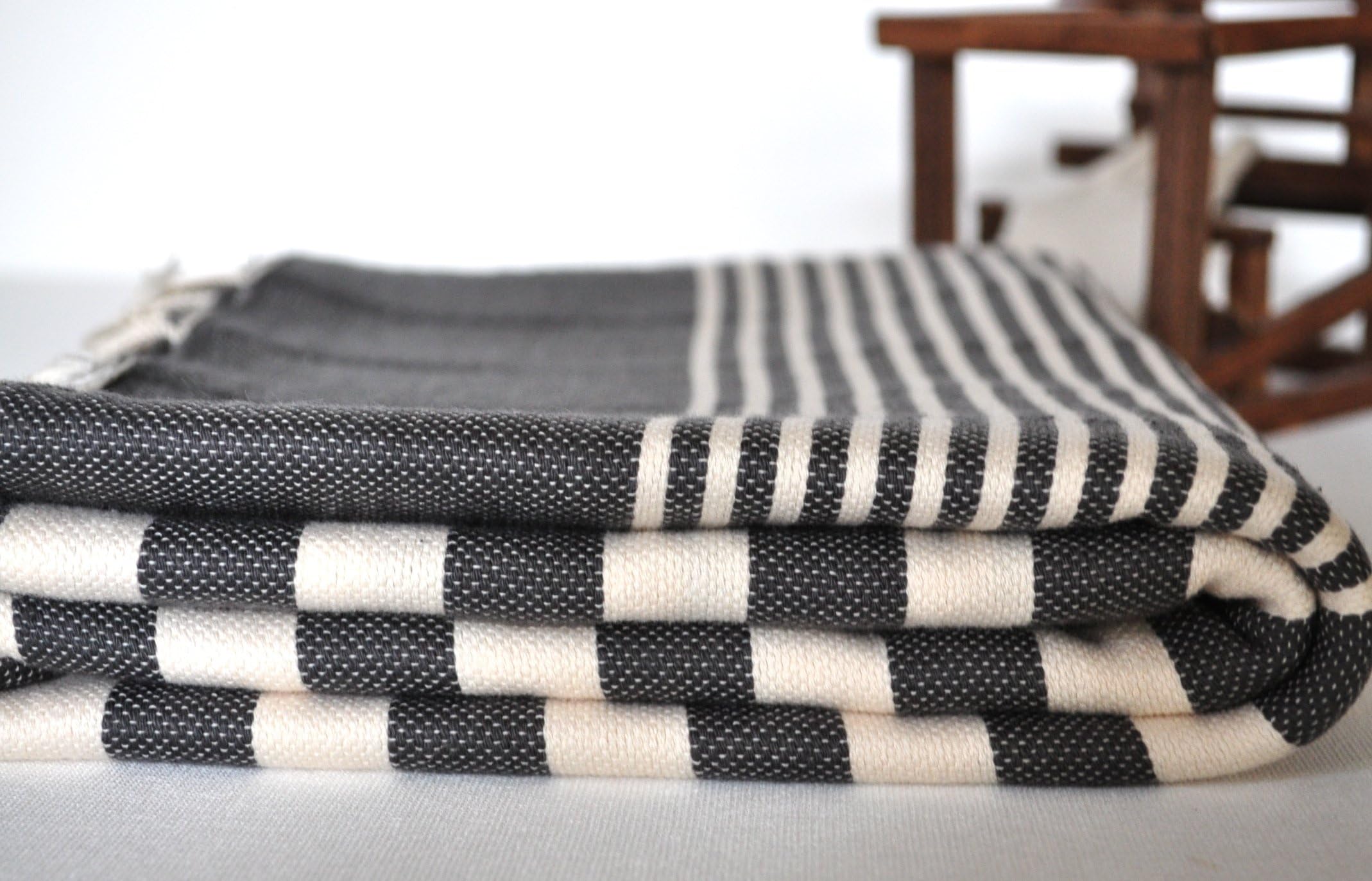 Turkish Towel Hand Loomed Peshtemal Towel Beach Towel Black White Striped Multi Purpose