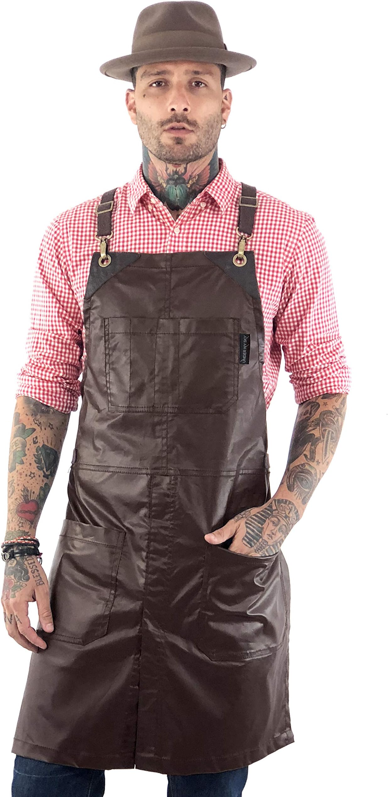 Under NY Sky Cross-Back Brown Apron – Coated Twill with Leather Reinforcement and Split-Leg – Adjustable for Men and Women – Pro Barber, Tattoo, Hair Stylist, Barista, Bartender, Server Aprons
