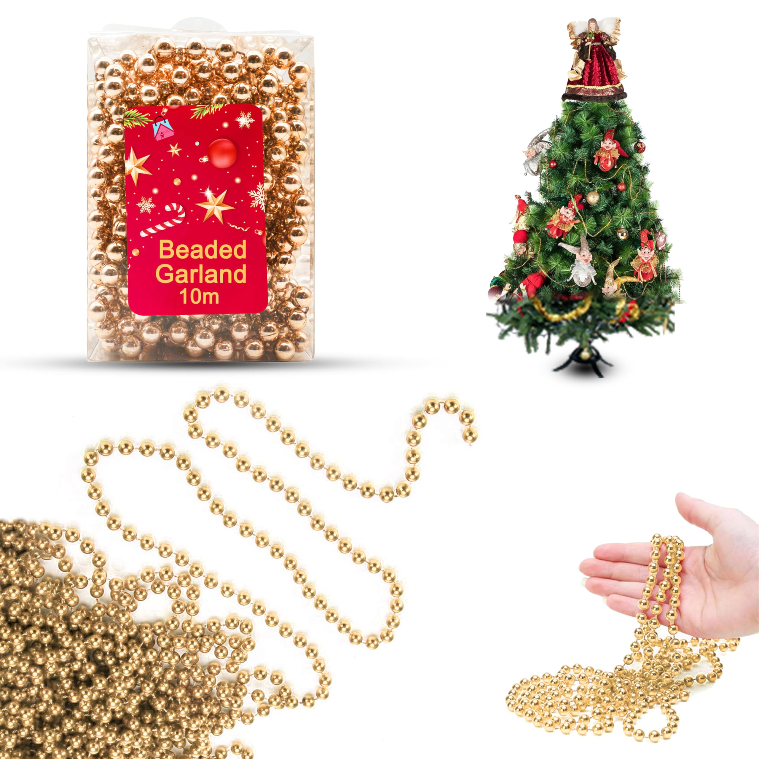 Rose Gold Beaded Garland for Xmas Tree 10M - Artificial Pearl Bead Chain for Xmas Hanging Ornaments, Garland Decor Supplies for Christmas, Valentine’s Day