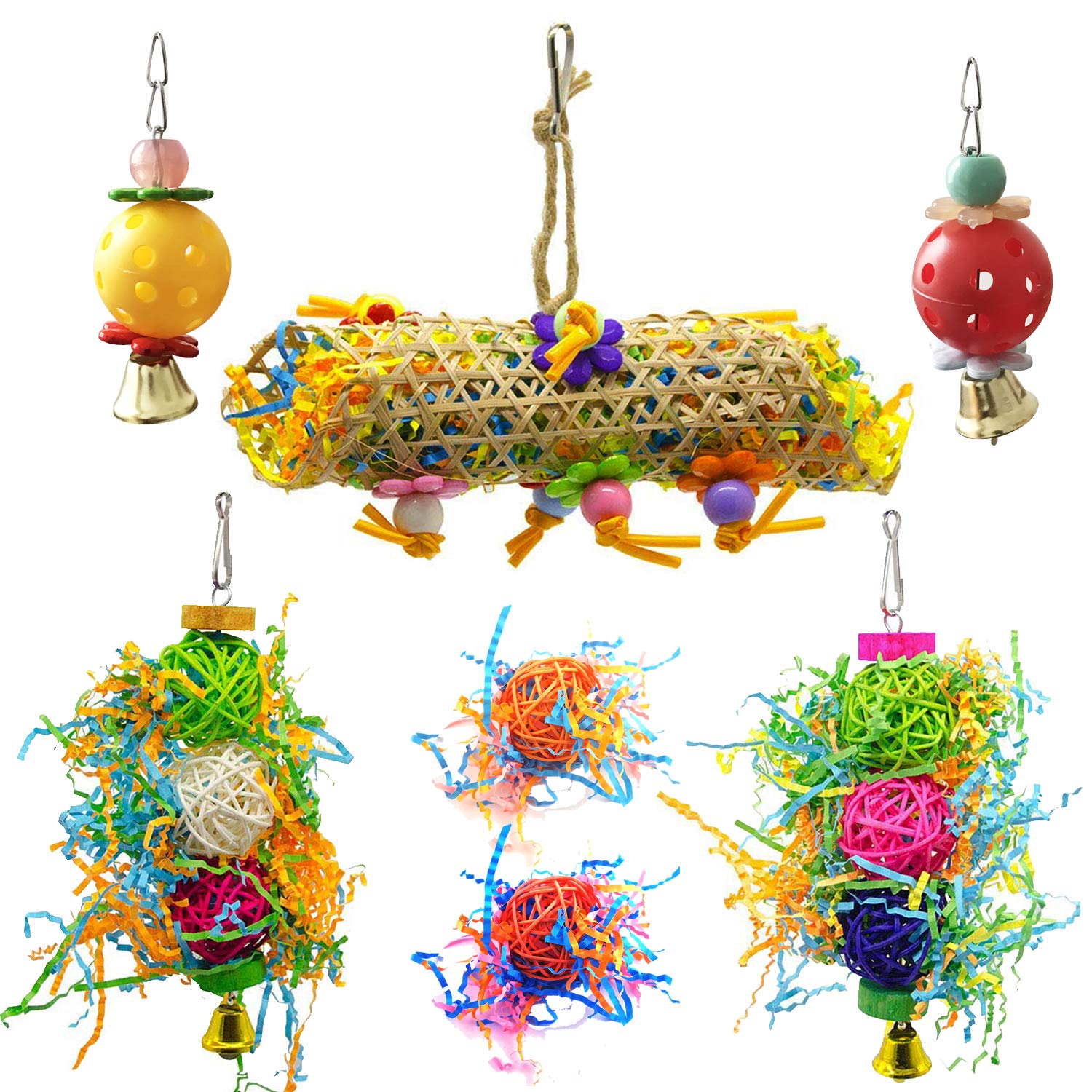 Allazone 7 PCS Bird Chewing Toys, 3 Pack Bird Cage Toys Swing Chewing Hanging Parrot Perches, 2 PCS Bell and 2 PCS Foot Catch Ball for Small Parrots, Macaws, Parakeets, Conures, Cockatiels