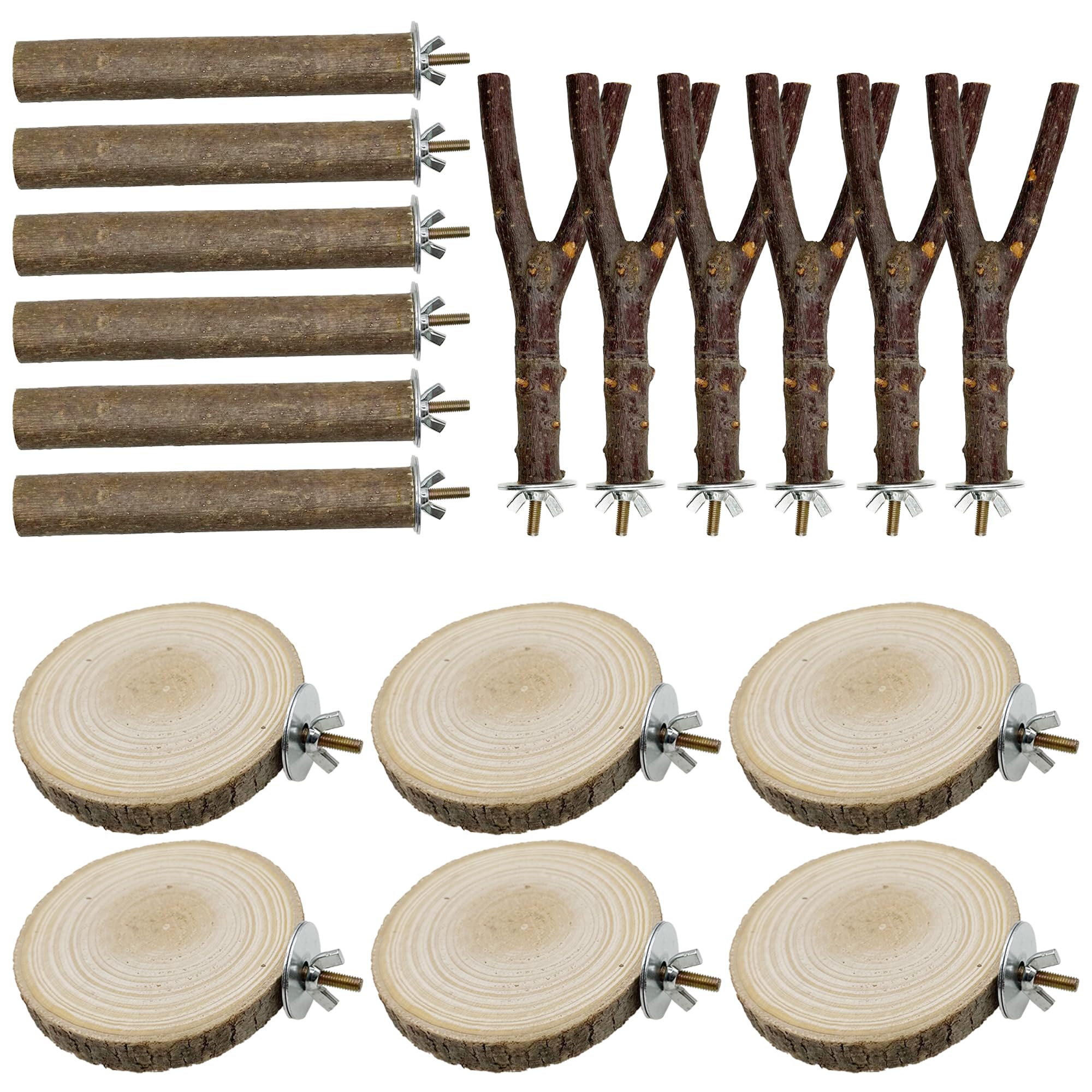 Allazone 3 Style Natural Wood Bird Perches for Parrot, 18 PCS Natural Wooden Perch Bird Stand Parrot Perch Stand Bird Climbing Standing Branches Toy for Birds Budgies Cockatiels Lovebirds