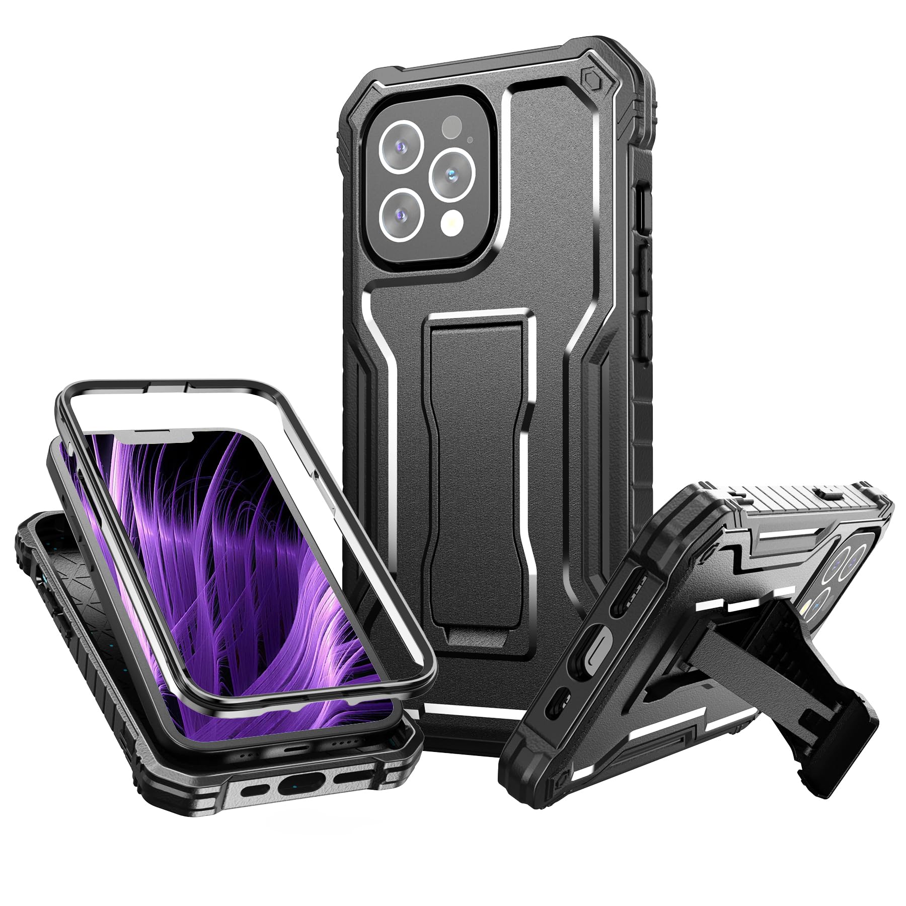 Photo 1 of FITO for Apple iPhone 13 Pro Case, Dual Layer Shockproof Heavy Duty Case with Tempered Glass Screen Protector and Built in Kickstand (Black)