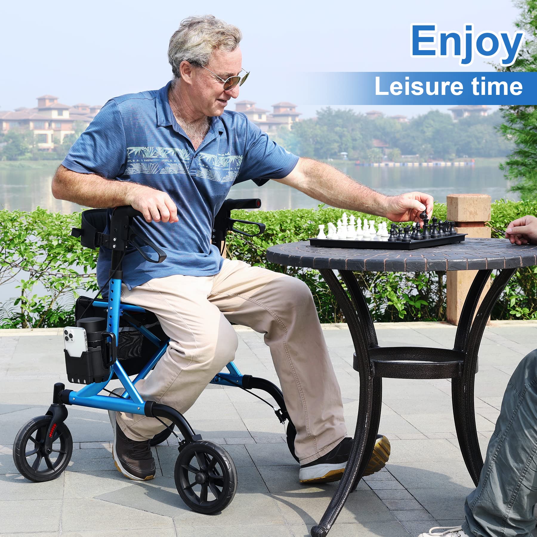 WALK MATE Rollator Walker for Seniors with Cup Holder, Upgraded Thumb Press Button for Height Adjustment, 4 x 8 Wheels Walker with Seat Padded Backrest Folding Lightweight Walking Aid, Blue
