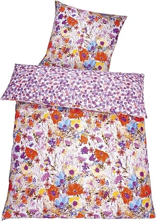 MERADISO® Baumwollsatin Wendebettwäsche (155 x 200 cm, violett rot Blütenwiese)