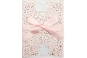 PONATIA 25PCS/Lot 250GSM 5.12 x 7.1'' Wedding Invitations Cards Laser Cut Hollow Rose With Ribbons For Wedding Bridal Shower 