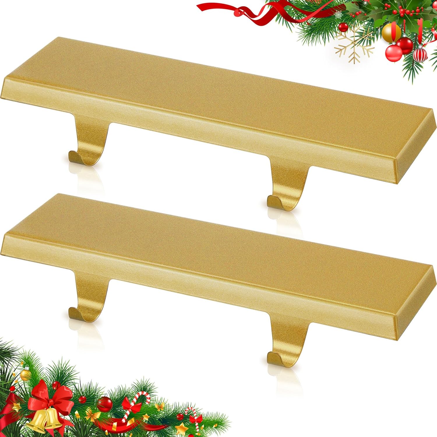 Ornament Hooks - Hicarer 2 Pcs Christmas Stocking Holder for Mantle Fireplace Stand Hangers Double Hanging Hooks Metal Stocking Holders Bases for Xmas Party Freestanding Home Decoration (Gold)