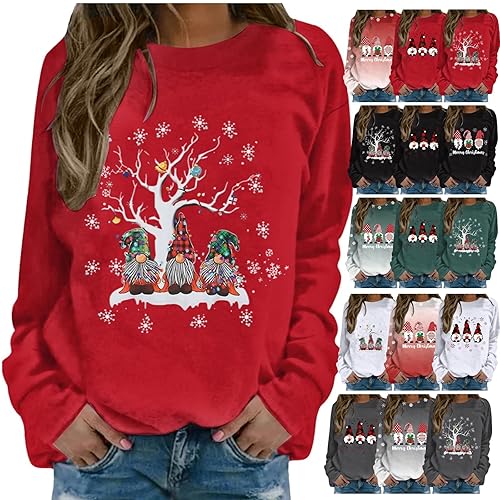 Womens Cardigans,Womens Long Sleeve Tops,Christmas Sweatshirts for Women UK Ladies Jumpers Long Sleeve Crewneck Hoodies Fashion Xmas Tree Graphic Pullover Shirt Outfits Clothing 01 Red L