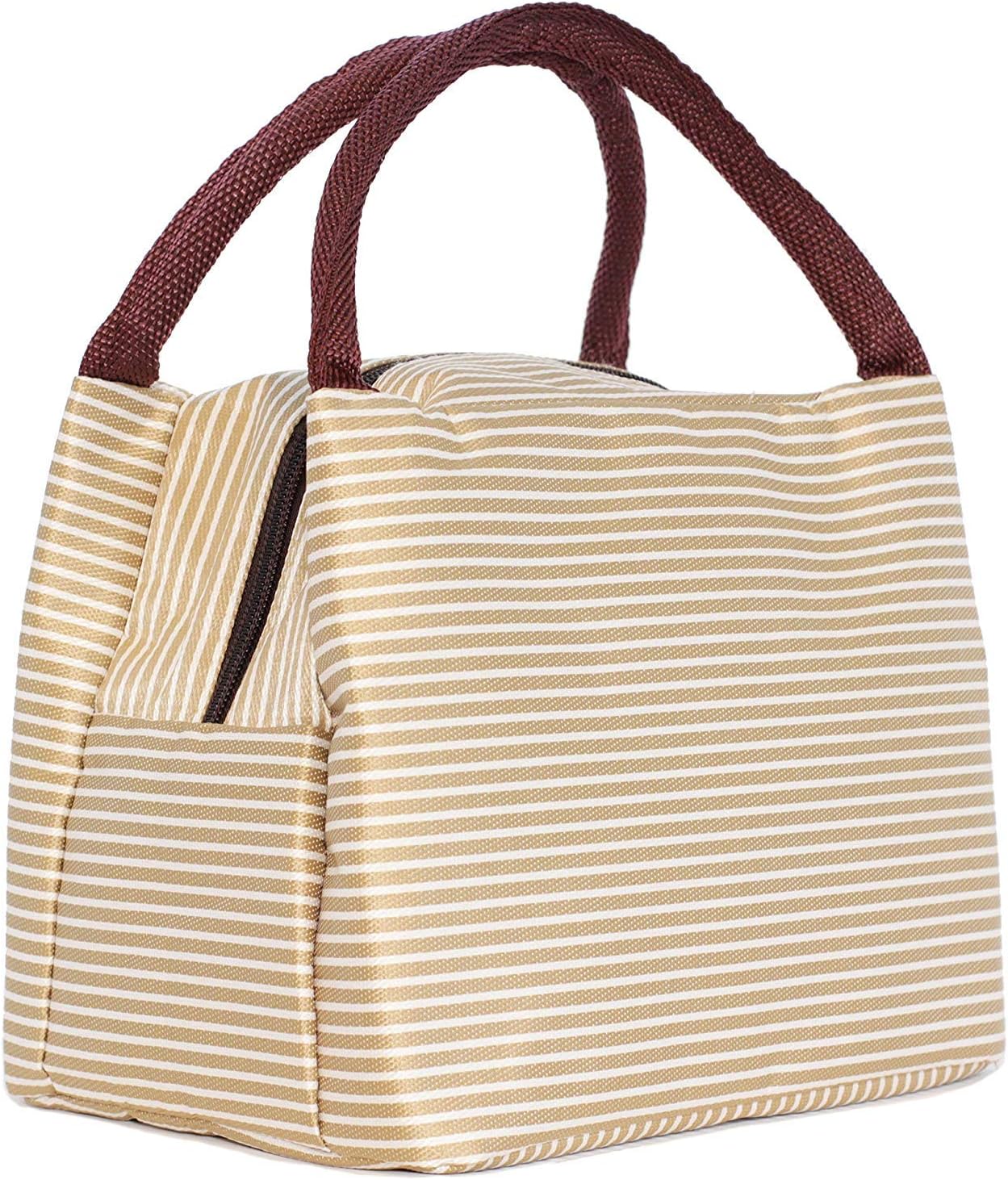 Shuban Thermal Insulated Stripe Lunch Tote Canvas Bag for Office School College Picnic Travel Snacks & Food - Grey