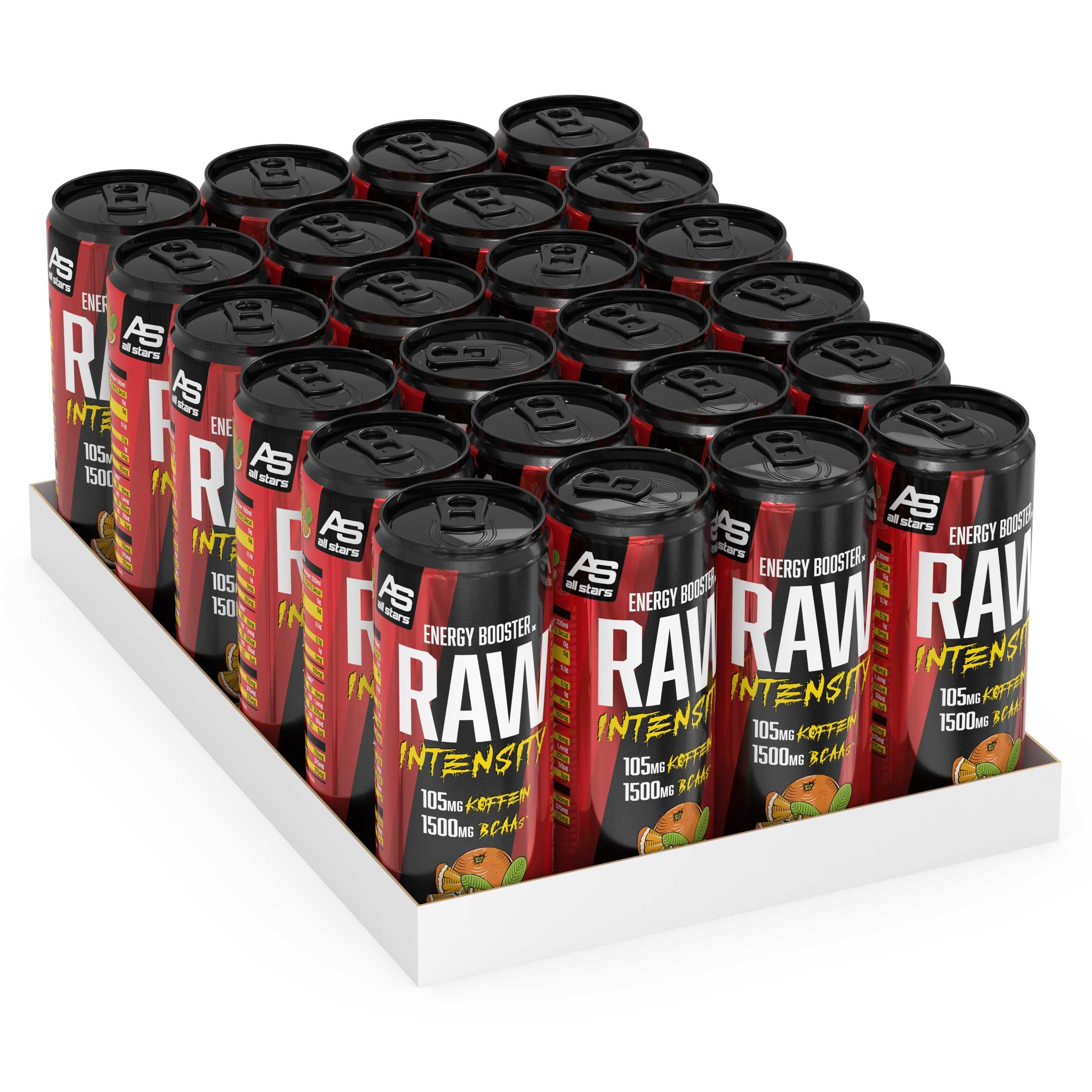 All Stars Raw Intensity Energy Drink, Orange, 24 x 330ml, lecker, fruchtiges Erfrischungsgetränk mit 1500mg Aminosäuren und B-Vitaminen, ohne Zucker, No Carbs, kohlensäurehaltig mit Koffein