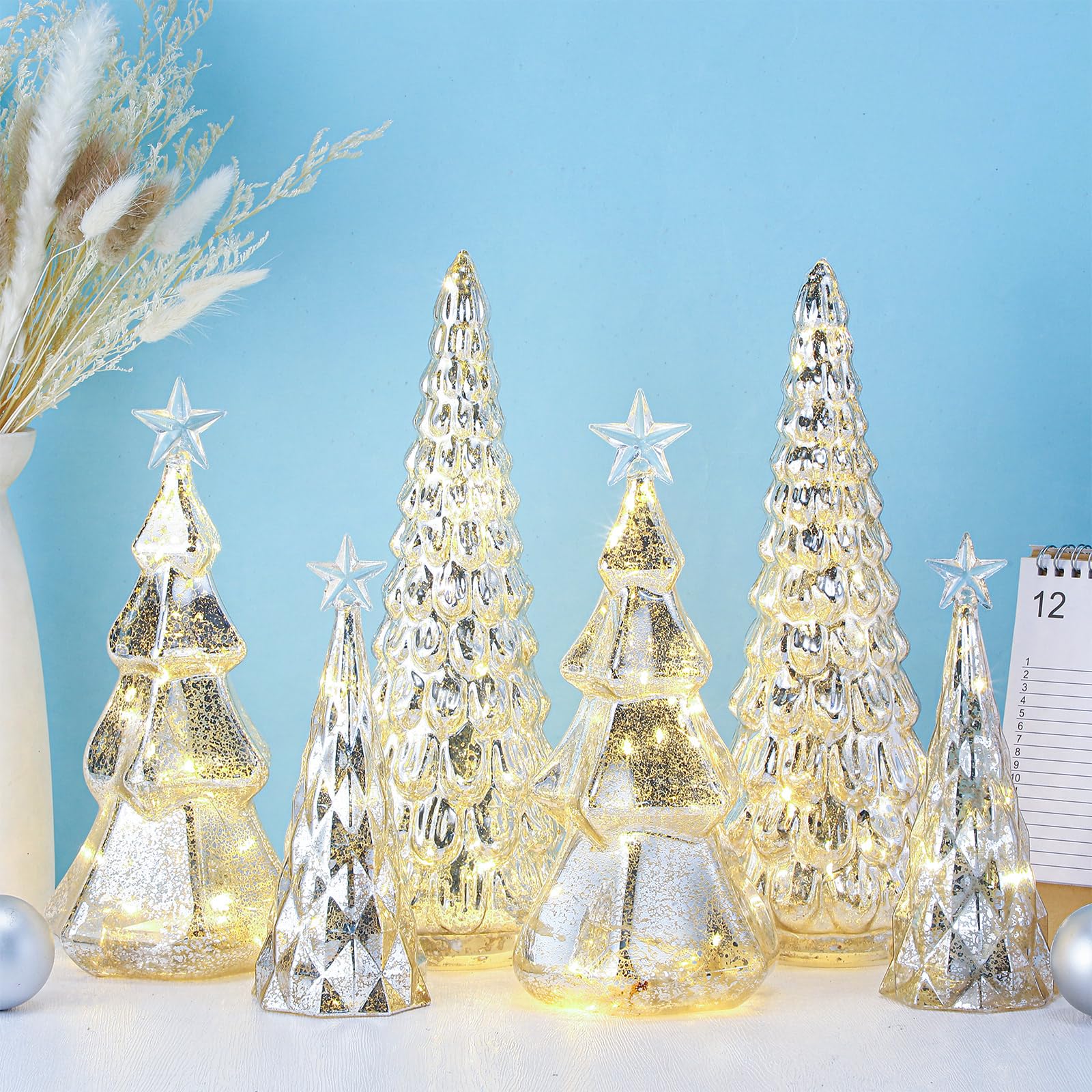 Photo 1 of DoubleFill 6 Pcs Illuminated Mercury Glass Christmas Tree Figurines with LED Lights Tabletop Lighted Table Centerpiece Tree Battery Operated for Holiday Gifts Xmas Fireplace Decor(Classic)