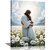 BWDDWB Jesus Hugging Woman Canvas Wall Art Christian Wall Decor Jesus Girl White Wildflowers Picture for Living Room Bedroom Church Decoration 12x16 Inch