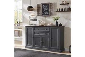 IFGET Farmhouse 58" Buffet Cabinet with Storage, 34" Tall Coffee Bar Cabinet w/2 Large Drawers & 4 Grooved Barn Doors, Wood Rustic Sideboard Buffet Cabinet for Dinning Room, Kitchen, Living Room, Grey