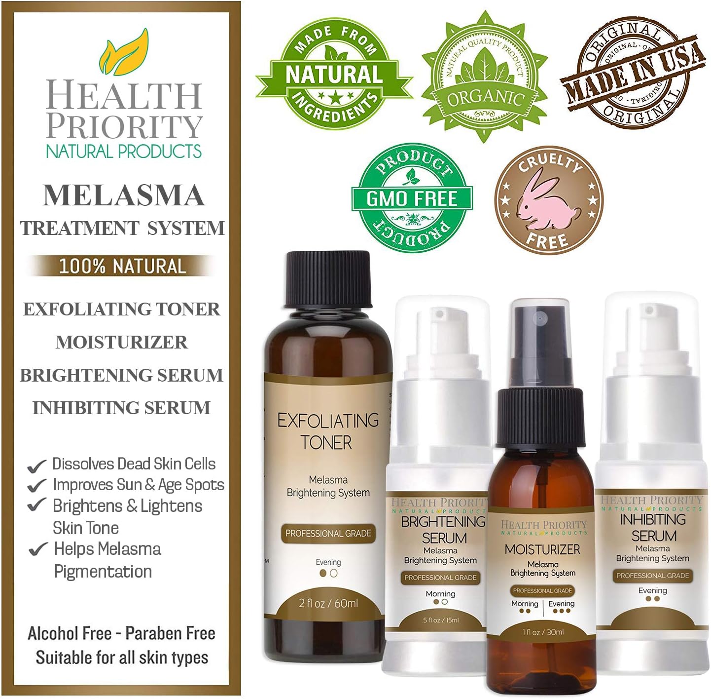 100% Natural & Organic Melasma Treatment for Face. Best System for Lightening & Dark Spot Corrector - Hydroquinone Free. Kit, Serum & Cream to Fade and Remove Pigment Problems. No peel!