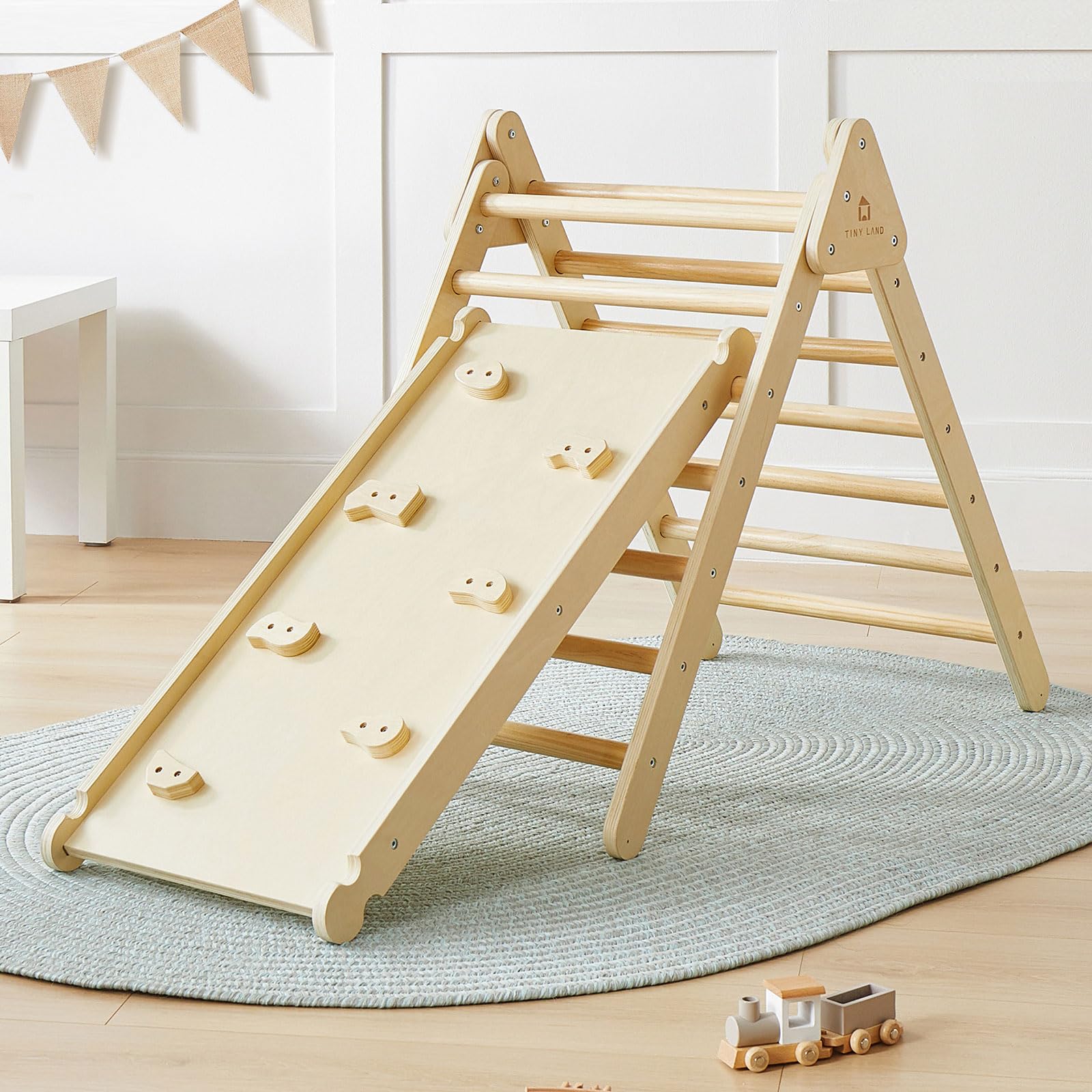 Tiny Land 2 in 1 Climbing Triangle - Natural Wood, Triangle Climbing Frame, Montessori Climbing Toys for Toddlers, Wooden Indoor Climbing Set for 2-10 Years
