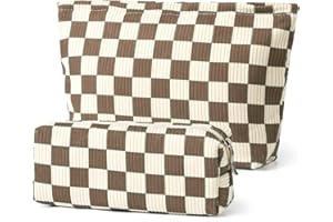 SANYETS Checkered Cosmetic Bags, Small Make Up Pouch for Purse, Beige Makeup Bag Travel Accessories, Corduroy MakeUp Organizer Bag, Aesthetic Preppy Stuff, Makeup Bag for Women