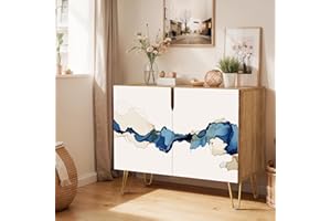 SIGNWIN Sideboard Buffet Cabinet, Kitchen Storage Cabinet with 2 Doors, Blue White Pastel Watercolor Paint Strokes, Cupboard Console Table for Dining Room - 35" L x 18" W x 29" H