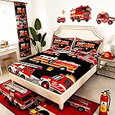 Fire Engine Fitted Sheet Full Size,Cartoon Fire Truck Bedding Set 3Pcs for Kids Boys Teens Girls Room Decor,Red Firemen Car Vehicle Bed Sheet Fashion Black Grey Deep Pocket Sheet,2 Pillowcases