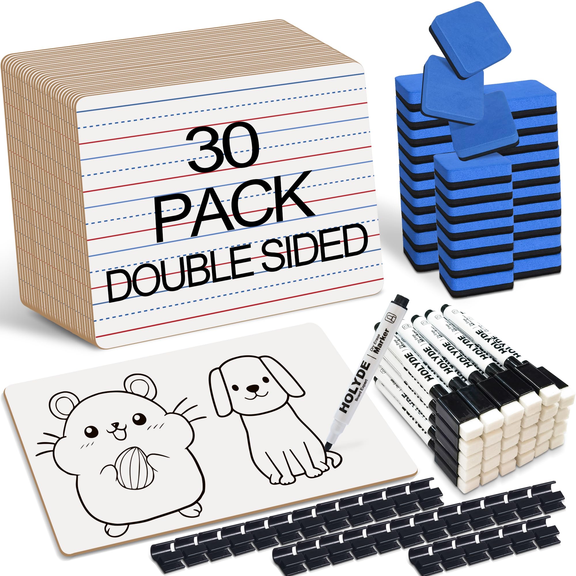 Photo 1 of Set of 30 Dry Erase Boards, Double Sided Small Whiteboards with Lines for Kids, Students, Teacher & Classroom Pack, 9"x12" Mini Individual White Boards Lined for Writing with 30 Makers, 30 Erasers