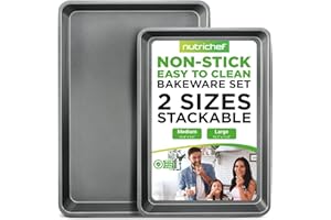NutriChef 2-Piece Nonstick Cookie Sheet Baking Pan Set - Heavy Duty Bake Trays w/ Smooth Non-Stick Coating PFOA, PFOS, & PTFE Free, 15" x 11" & 13" x 9" - Dishwasher Safe, Gray